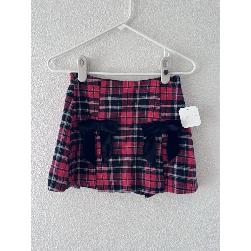 NWT Altar'd State Plaid Pleated Skort Pink Black Velvet Bow Mini Skirt XS